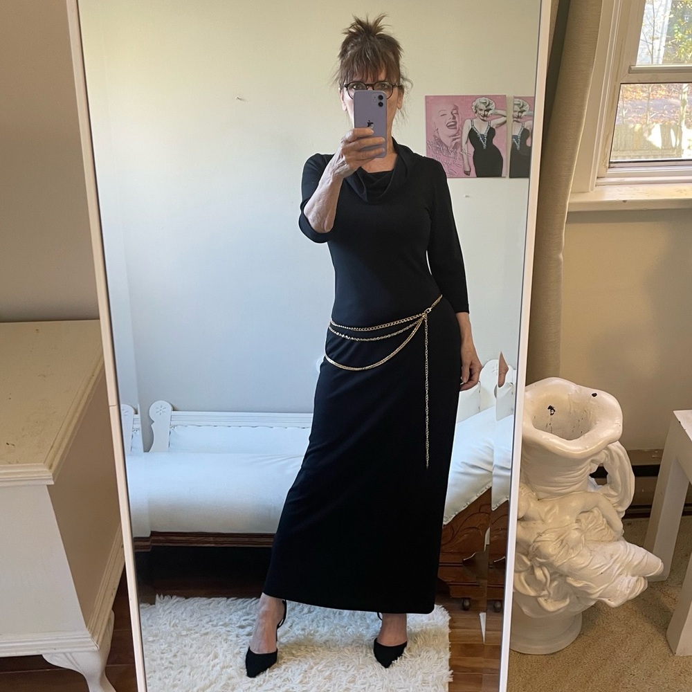 VINTAGE LONG SLEEVE BLACK DRESS ROLLED COLLAR STRETCH STRAIGHT FIT ABS